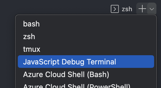 VSCode terminal with JavaScript Debug Terminal option highlighted