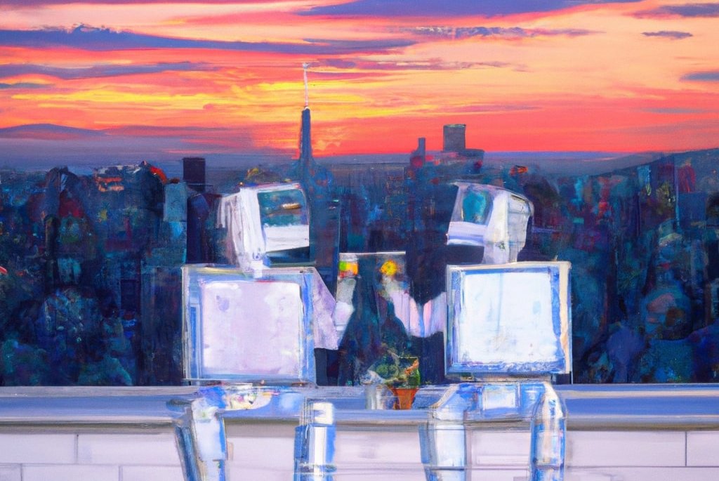 Two robots sharing a sunset moment in NYC while enjoying a cocktail (DALL-E)